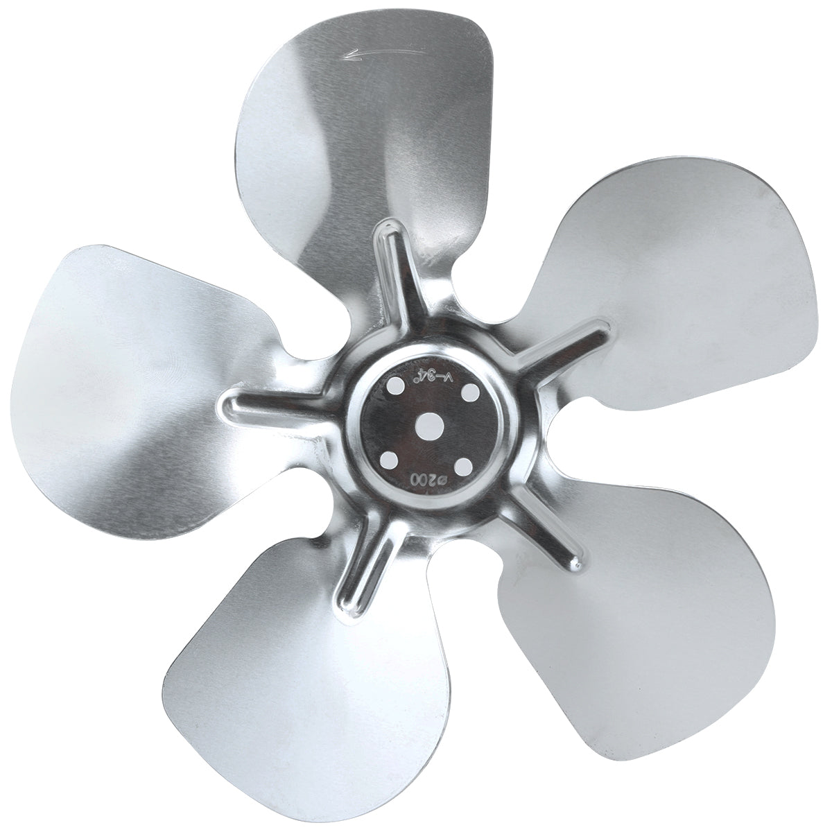 A metallic Circle Fan Blade with five curved, shiny silver blades radiates from a central hub featuring small holes and markings. This Empura Parts component is viewed from above against a white background.