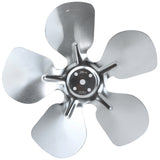 A metallic Circle Fan Blade with five curved, shiny silver blades radiates from a central hub featuring small holes and markings. This Empura Parts component is viewed from above against a white background.