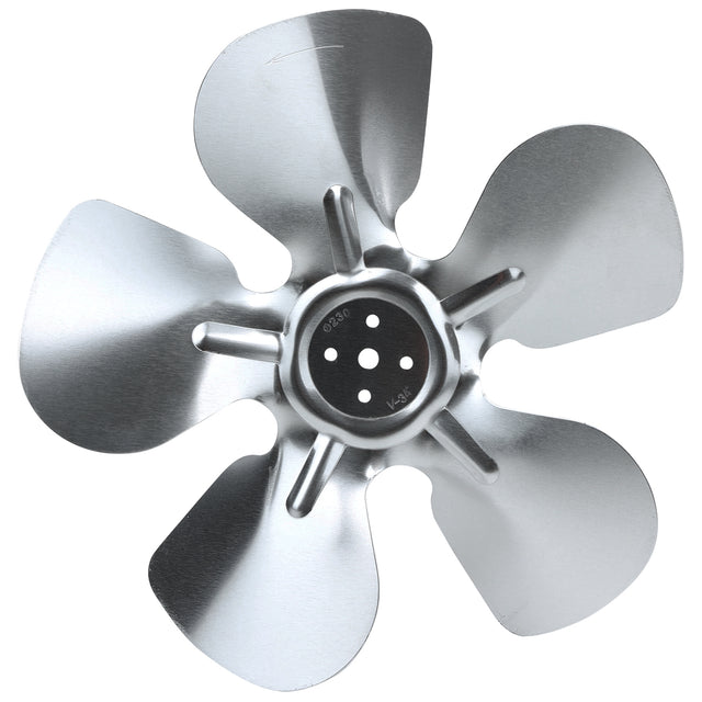 A shiny Empura Refrigeration circle fan blade with five curved blades radiates from a central hub. Each blade has a rounded edge, and the hub features four circular holes. The symmetrical metal surface reflects light beautifully.