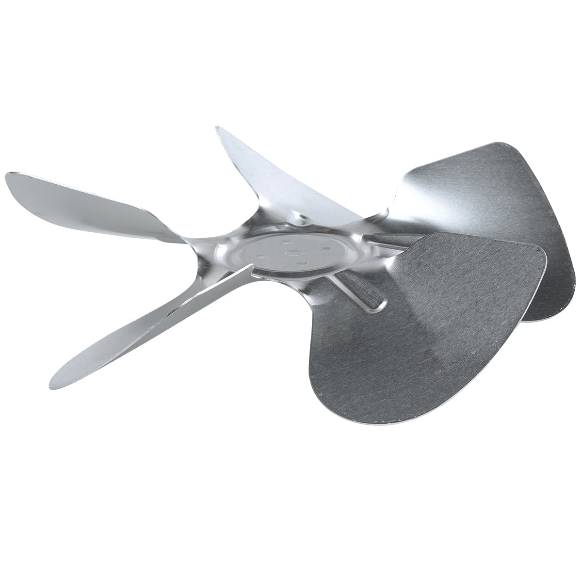 A metallic four-blade fan propeller from Empura Parts, featuring two narrow, pointed blades and two wider, rounded blades, lies on its side against a white background. The shiny surface reflects light like a premium circle fan blade.