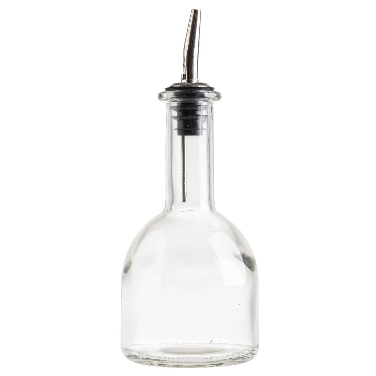 A clear glass 10 oz oil & vinegar bottle with a round base and narrow neck, topped with a stainless steel pourer. The spout features a black rubber stopper at its base. The empty bottle is set against a white background.