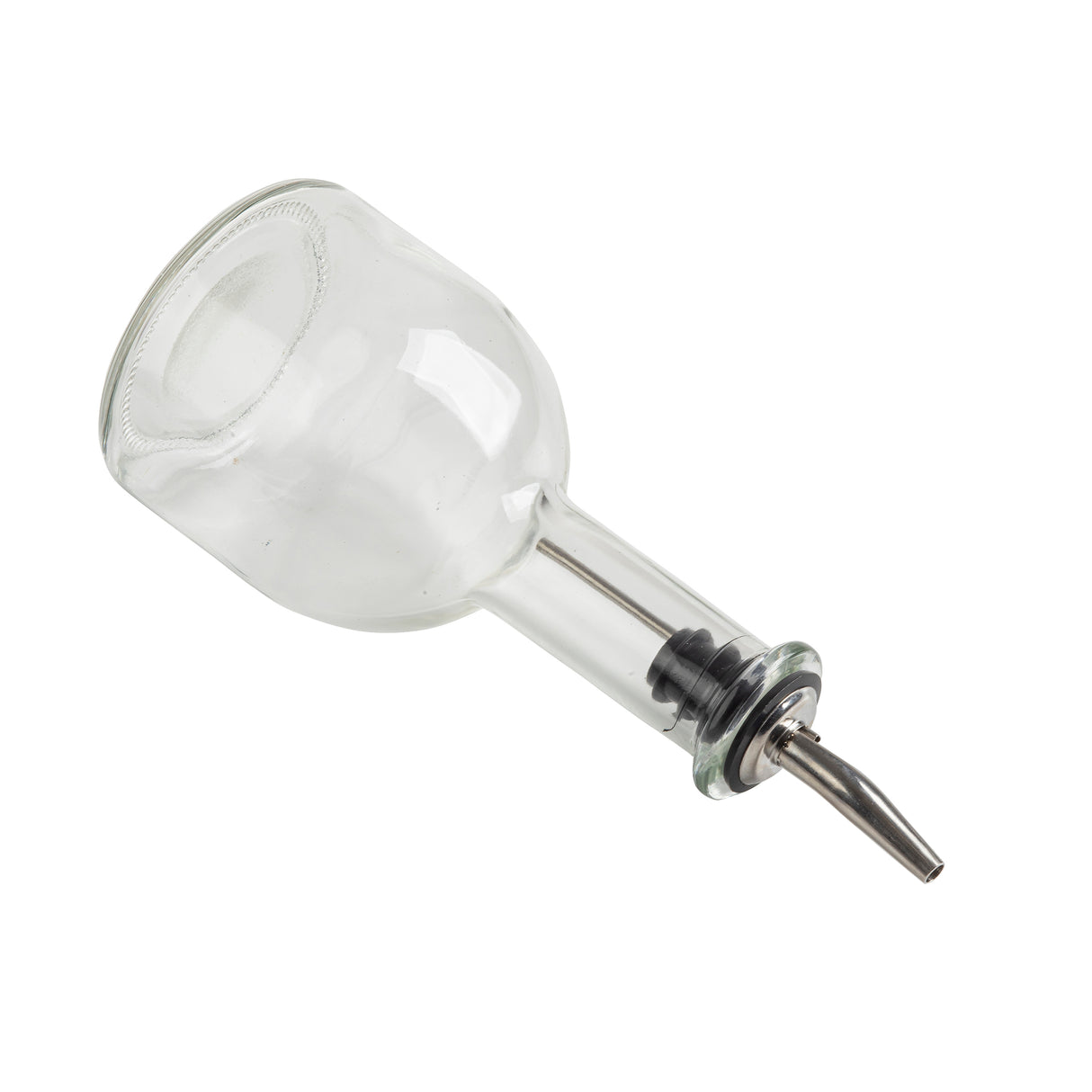 A 10 oz clear oil & vinegar bottle with a narrow neck lies on its side, featuring a stainless steel pourer and rubber stopper at the opening. Ideal for pouring liquids, it rests against a plain white background.