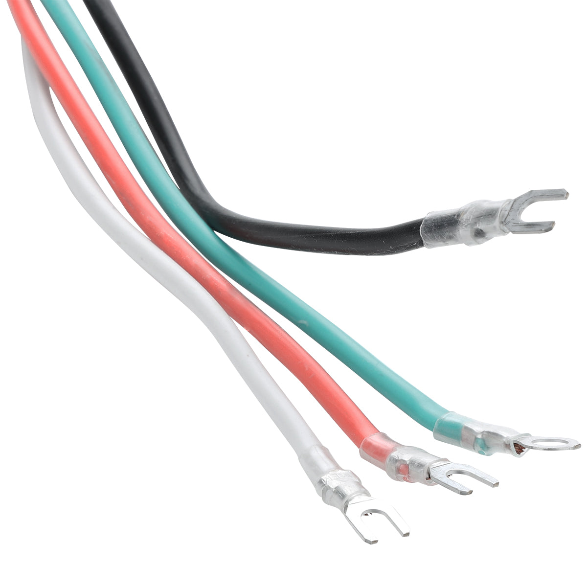 Four insulated electrical wires—black, green, white, and red—end with metal fork terminals. Ideal as plugs for E-KB81F or other Empura Refrigeration units, each wire features a clear protective sleeve. The background is plain white.