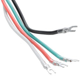 Four insulated electrical wires—black, green, white, and red—end with metal fork terminals. Ideal as plugs for E-KB81F or other Empura Refrigeration units, each wire features a clear protective sleeve. The background is plain white.