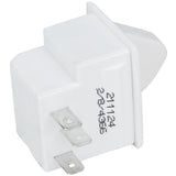 A close-up of a white plastic door switch with three flat metal prongs at the bottom, positioned on a diagonal. There is a printed serial number 211124 230285 on the side. The switch is isolated on a white background.