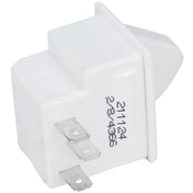 A close-up of a white plastic door switch with three flat metal prongs at the bottom, positioned on a diagonal. There is a printed serial number 211124 230285 on the side. The switch is isolated on a white background.