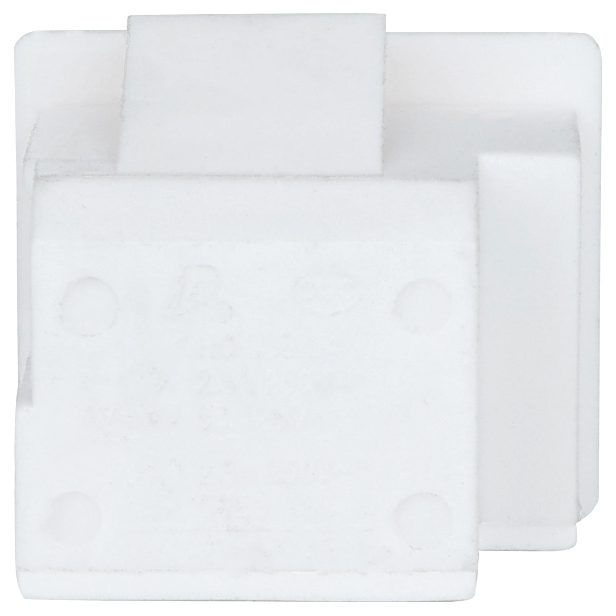 A white, rectangular plastic or foam block with indented edges and a raised central section, viewed from the front. The surface appears smooth with subtle circular indentations—typical of Empura Parts used in Empura Refrigeration door switch assemblies.