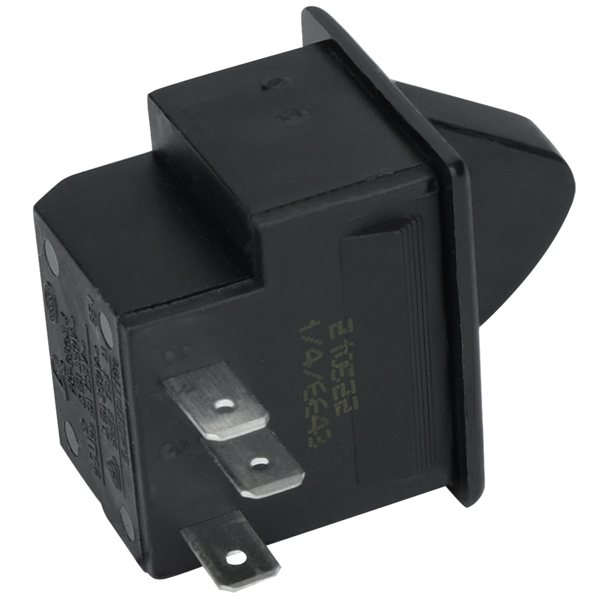 A black rectangular Empura Door Switch (104090014) with a slanted, raised actuator and four metal prongs for electrical connections. Features a matte finish, molded grip ridges, and clear markings—ideal for Empura Refrigeration units.