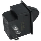 A black rectangular Empura Door Switch (104090014) with a slanted, raised actuator and four metal prongs for electrical connections. Features a matte finish, molded grip ridges, and clear markings—ideal for Empura Refrigeration units.