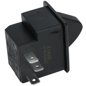 A black rectangular Empura Door Switch (104090014) with a slanted, raised actuator and four metal prongs for electrical connections. Features a matte finish, molded grip ridges, and clear markings—ideal for Empura Refrigeration units.