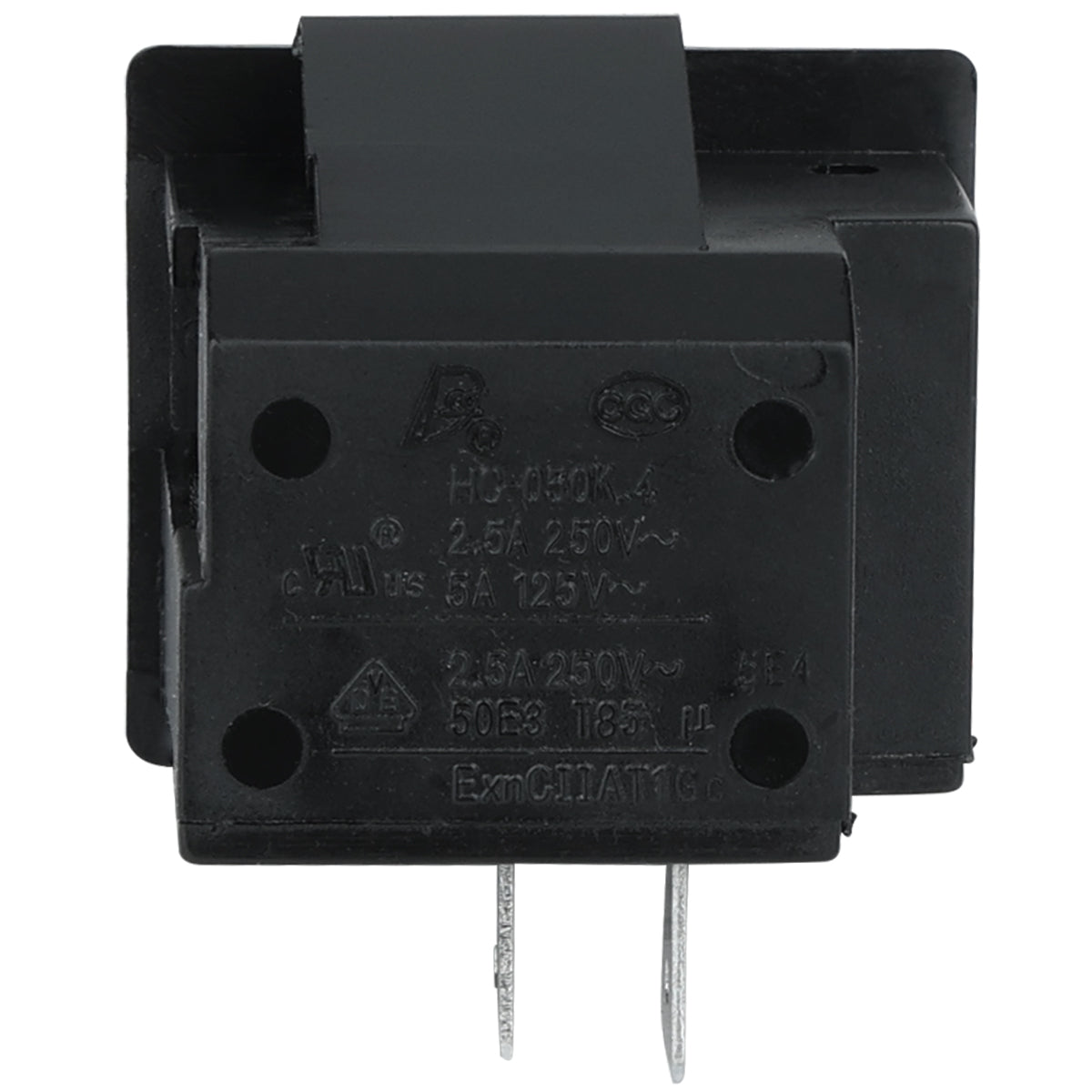 A close-up of a black rectangular Empura Door Switch (104090014) viewed from the rear, showing two metal prongs for connections and embossed specifications including voltage, amperage ratings, and certification symbols on the plastic casing.