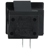 A close-up of a black rectangular Empura Door Switch (104090014) viewed from the rear, showing two metal prongs for connections and embossed specifications including voltage, amperage ratings, and certification symbols on the plastic casing.