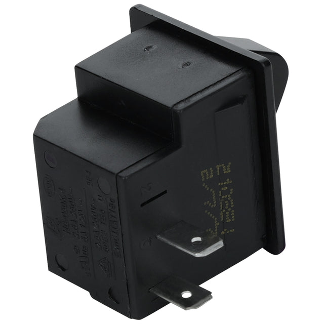 A close-up view of an Empura Door Switch shows a black rectangular rocker switch with three metal prongs extending from one side. The switch is angled to reveal embossed markings and alphanumeric codes, ideal for Empura Refrigeration units.