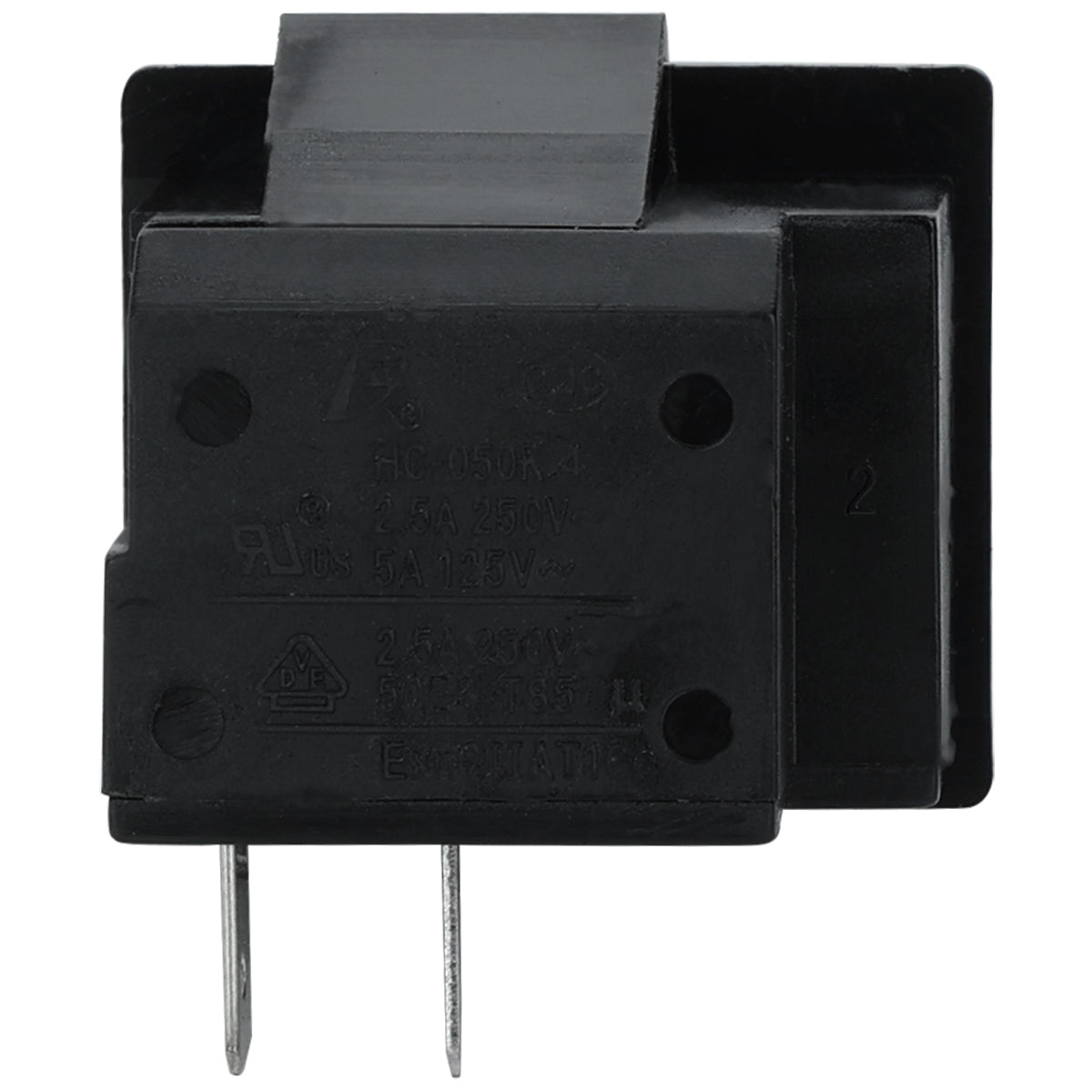 A close-up of a black electrical reed relay, similar to those used in Empura Door Switch E-EGM and Empura Refrigeration units, with two metal prongs for circuit connection. The rectangular face displays engraved ratings and manufacturer details.