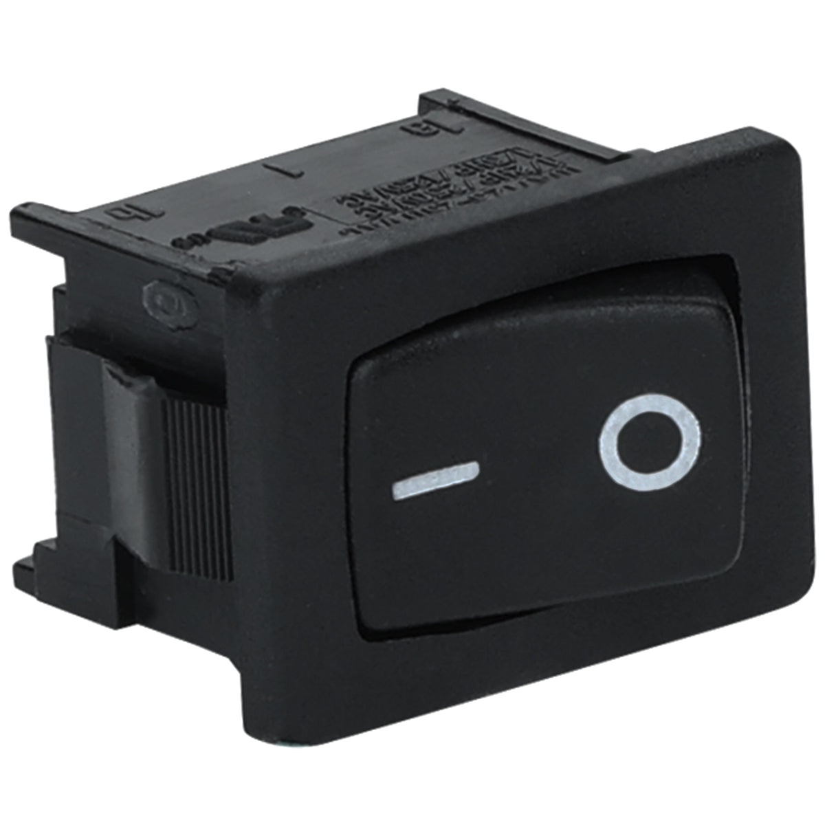 A black rectangular rocker light switch with a raised button showing a white horizontal line (on) and a white circle (off), set in a black frame with electrical prongs on the back, compatible with Empura Parts and Empura Refrigeration units.