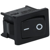 A black rectangular rocker light switch with a raised button showing a white horizontal line (on) and a white circle (off), set in a black frame with electrical prongs on the back, compatible with Empura Parts and Empura Refrigeration units.