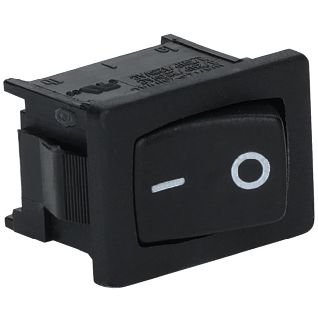 A black rectangular rocker light switch with a raised button showing a white horizontal line (on) and a white circle (off), set in a black frame with electrical prongs on the back, compatible with Empura Parts and Empura Refrigeration units.