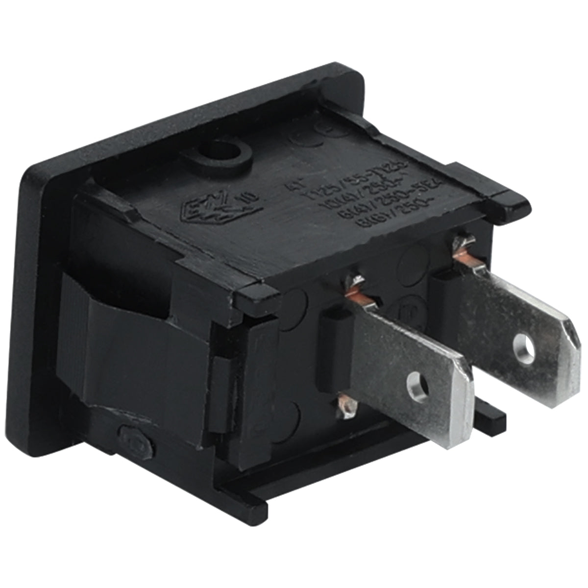 A black rectangular Empura Parts rocker switch with two flat, silver-colored prongs extending from the back. The plastic housing features molded markings and certification symbols, making it ideal as a light switch for Empura Refrigeration units.