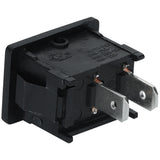 A black rectangular Empura Parts rocker switch with two flat, silver-colored prongs extending from the back. The plastic housing features molded markings and certification symbols, making it ideal as a light switch for Empura Refrigeration units.