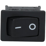 A close-up of a black rectangular rocker light switch, with a - symbol for ON and an O for OFF, set in a matte-finish plastic frame—compatible with Empura Refrigeration and Empura Parts.