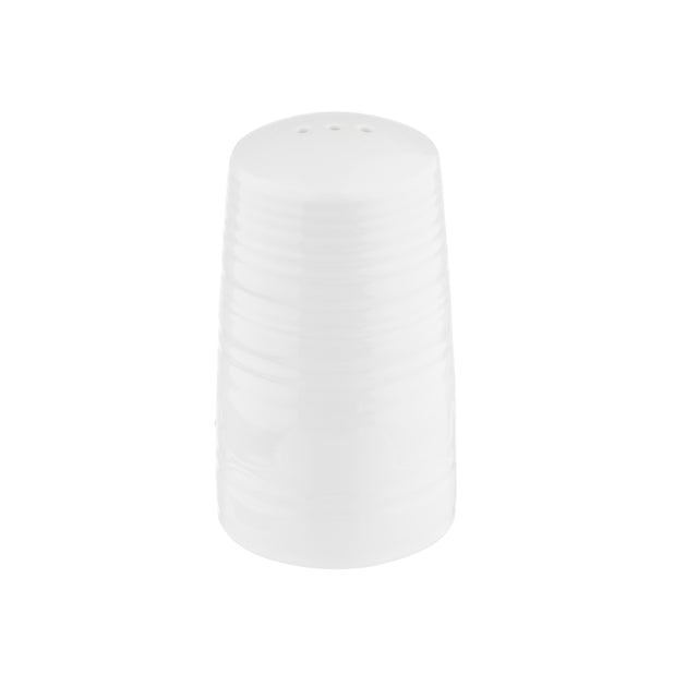 A white ceramic salt shaker from the TableCraft Pulito Collection features a smooth, slightly ridged surface and three small holes on top. The Salt & Pepper Shaker is photographed against a plain white background.