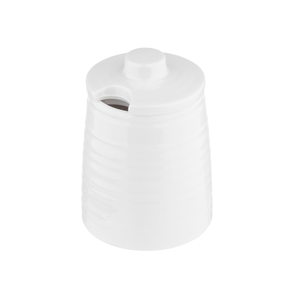 A Pulito Collection sugar jar, crafted in white ceramic with a round, ridged body and matching lid. The lid features a central knob and a notch for a spoon. The jar sits elegantly against a plain white background.