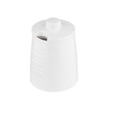 A Pulito Collection sugar jar, crafted in white ceramic with a round, ridged body and matching lid. The lid features a central knob and a notch for a spoon. The jar sits elegantly against a plain white background.