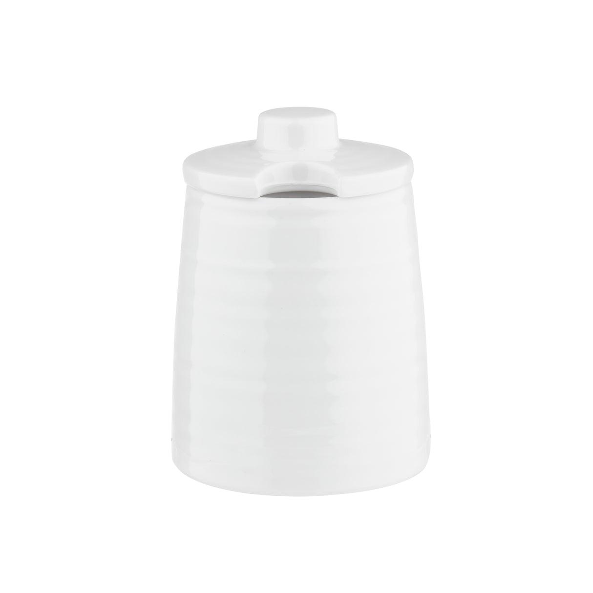A white ceramic Pulito Collection sugar jar with a slightly tapered cylindrical shape and matching lid. The lid features a small, centered knob and a notch for a spoon. Its glossy finish and subtle horizontal ridges lend refined elegance.