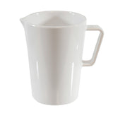 A plain, white Sierra Collection Creamer from TableCraft Products with a wide spout, angular handle, and smooth, glossy finish. The melamine creamer’s handle is on the right side as it stands upright against a white background.