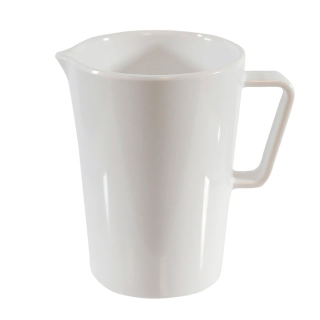 A plain, white Sierra Collection Creamer from TableCraft Products with a wide spout, angular handle, and smooth, glossy finish. The melamine creamer’s handle is on the right side as it stands upright against a white background.