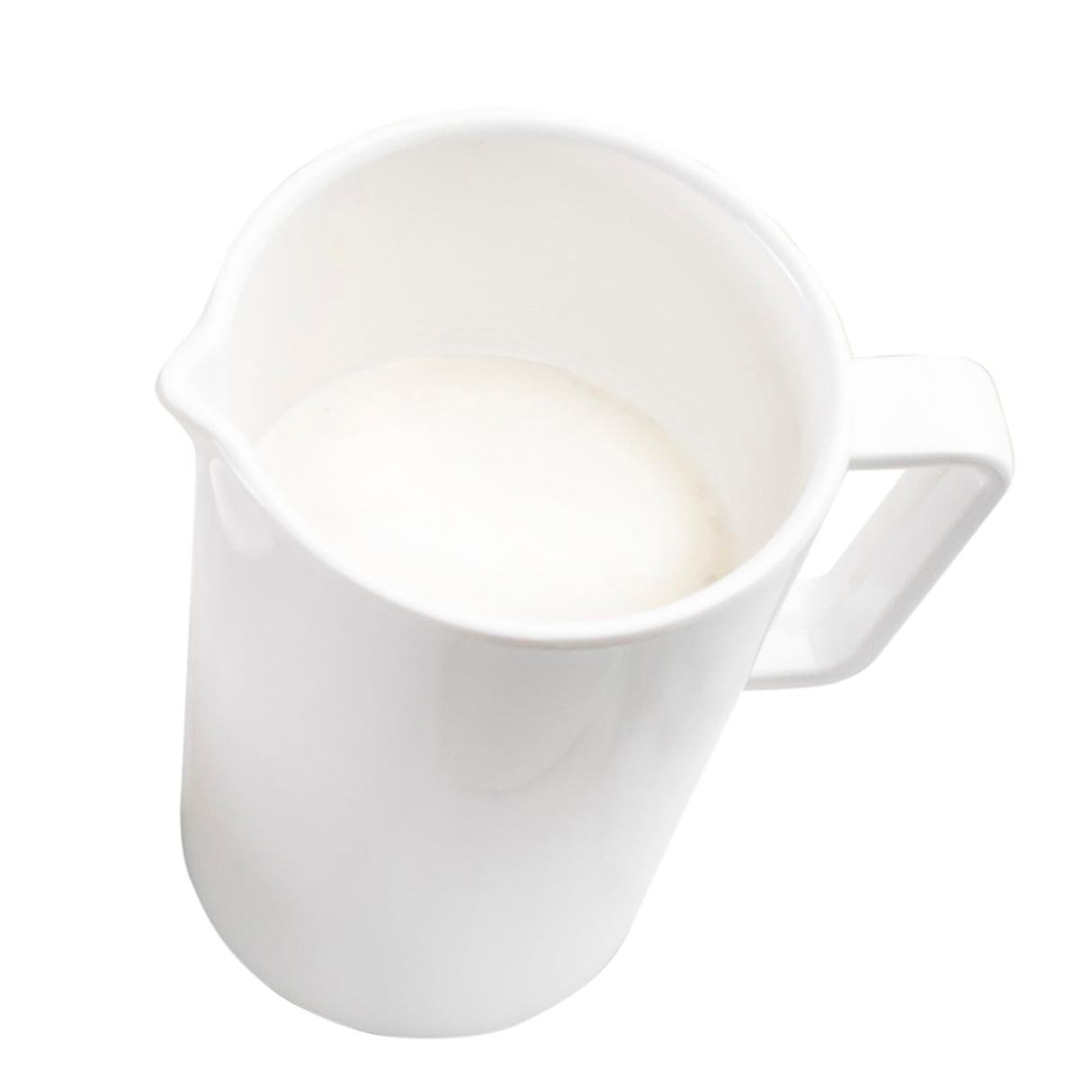 A white Sierra Collection Creamer filled with milk, viewed from above. The pitcher has a handle and a small spout, set on a plain white background. The milk reaches close to the top, showing a smooth surface.