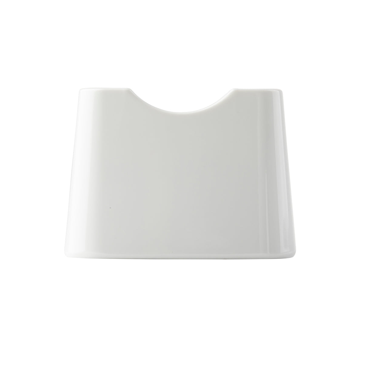 A white, smooth, rectangular Sierra Collection sugar packet holder with a glossy melamine finish and a curved, scooped indentation at the top center. The plain white background highlights its modern design and ceramic-like appearance. Photographed from the front.