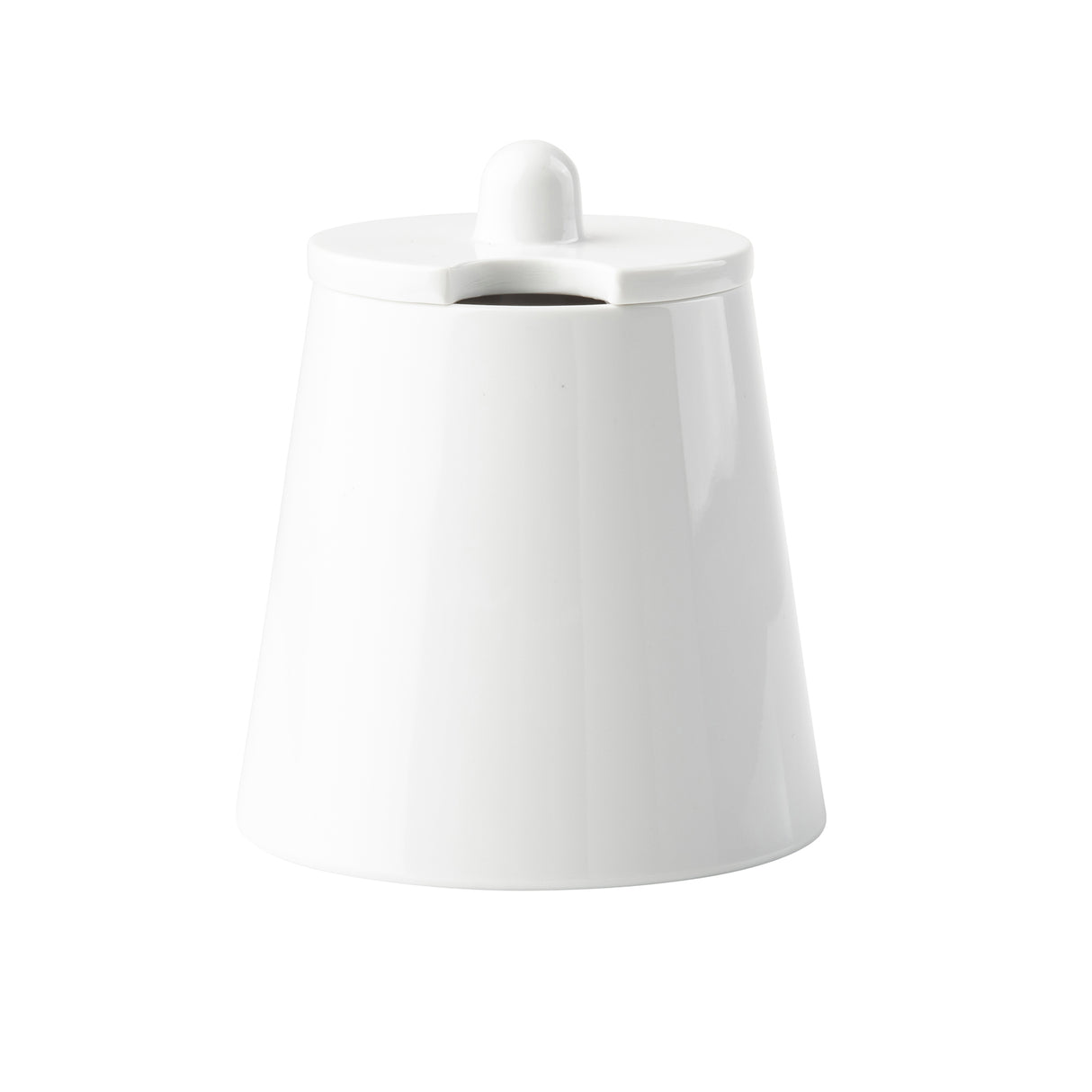 A white, conical ceramic sugar bowl from the Sierra Collection Sugar Jar line, featuring a matching lid with a rounded knob and notch for a spoon. The design is simple and modern against a plain white background.