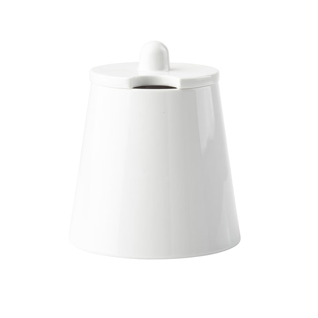 A white, conical ceramic sugar bowl from the Sierra Collection Sugar Jar line, featuring a matching lid with a rounded knob and notch for a spoon. The design is simple and modern against a plain white background.