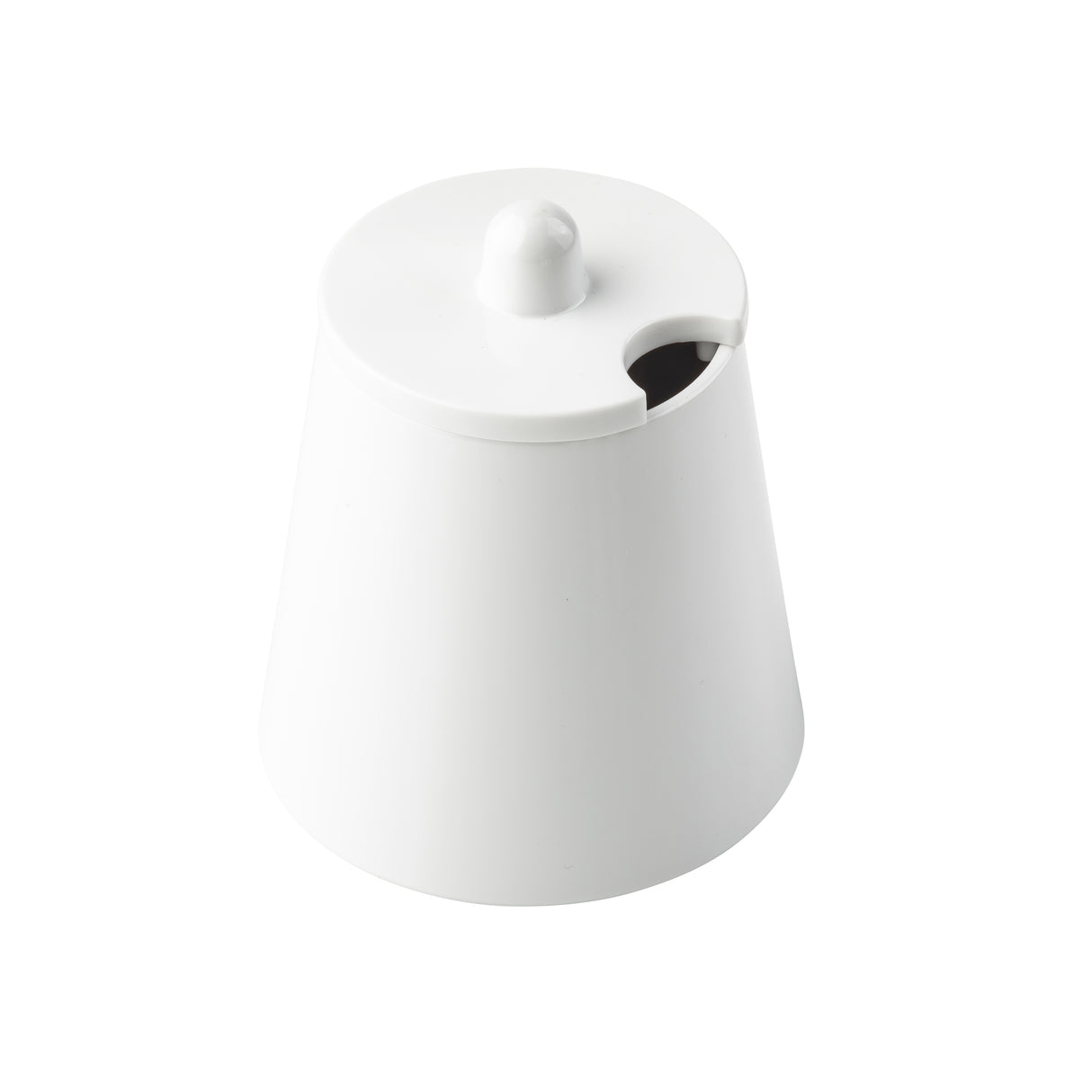A white ceramic sugar bowl inspired by the Sierra Collection Sugar Jar, featuring a conical shape and matching lid with a small round handle. The modern design includes a convenient notch for a spoon, all set against a plain white background.