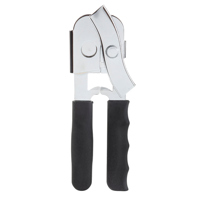 A manual can opener made of chrome plated steel with two black, textured handles, a silver crank, and cutting wheel. The handles are parallel, the crank angled right. Its utilitarian design suits any commercial or home kitchen. Background is white.