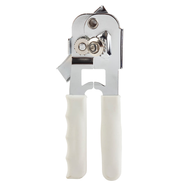 A chrome plated steel manual can opener with two white, textured handles and a rotating wheel mechanism sits against a plain white background. The silver opener features a sharp cutting wheel and gear for turning.