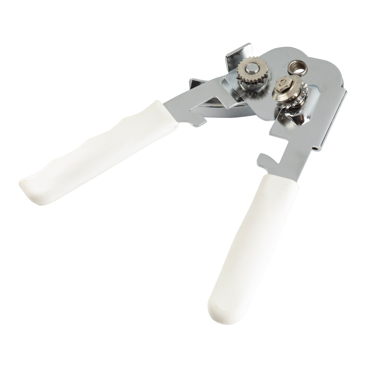 A manual can opener made of chrome plated steel with two white plastic handles, a rotating gear mechanism, and a sharp cutting wheel, designed for opening tin cans. The tool is positioned diagonally on a white background.