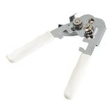 A manual can opener made of chrome plated steel with two white plastic handles, a rotating gear mechanism, and a sharp cutting wheel, designed for opening tin cans. The tool is positioned diagonally on a white background.