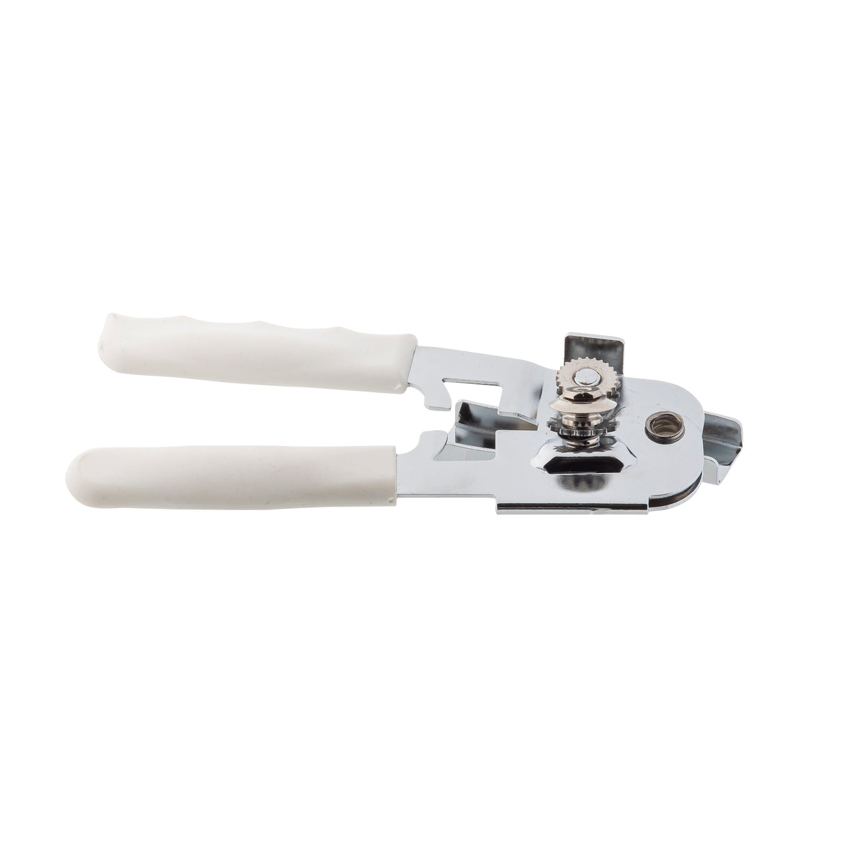 A manual can opener made of chrome plated steel with white plastic handles is shown against a plain white background. It features a rotating cutting wheel and a knob for turning, designed for manually opening tin cans.