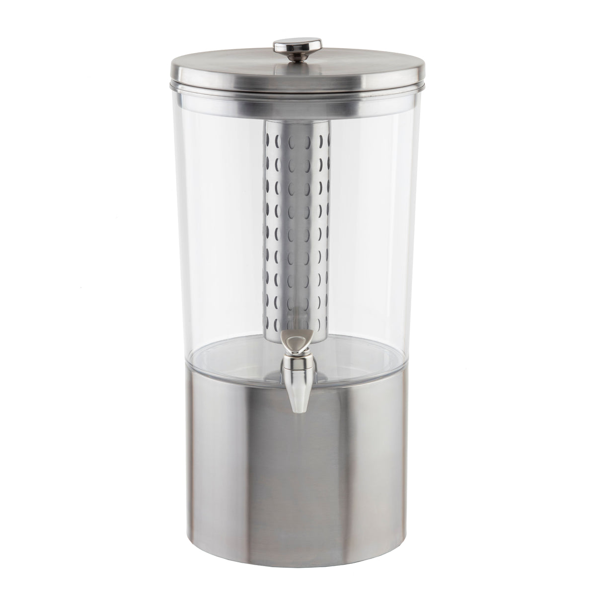 A clear cylindrical beverage dispenser features a durable Tritan reservoir with a stainless steel base, lid, and spigot. Its removable infuser tube allows fruits or tea to enhance the flavor of your drinks.