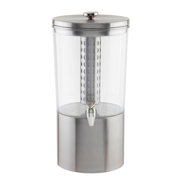 A clear cylindrical beverage dispenser features a durable Tritan reservoir with a stainless steel base, lid, and spigot. Its removable infuser tube allows fruits or tea to enhance the flavor of your drinks.