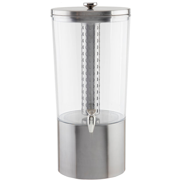 A tall, upscale beverage dispenser features a clear Tritan reservoir, a sleek stainless steel base, and a matching metal lid. An internal infuser tube with holes and a metal spigot near the bottom make it perfect for serving drinks in style.