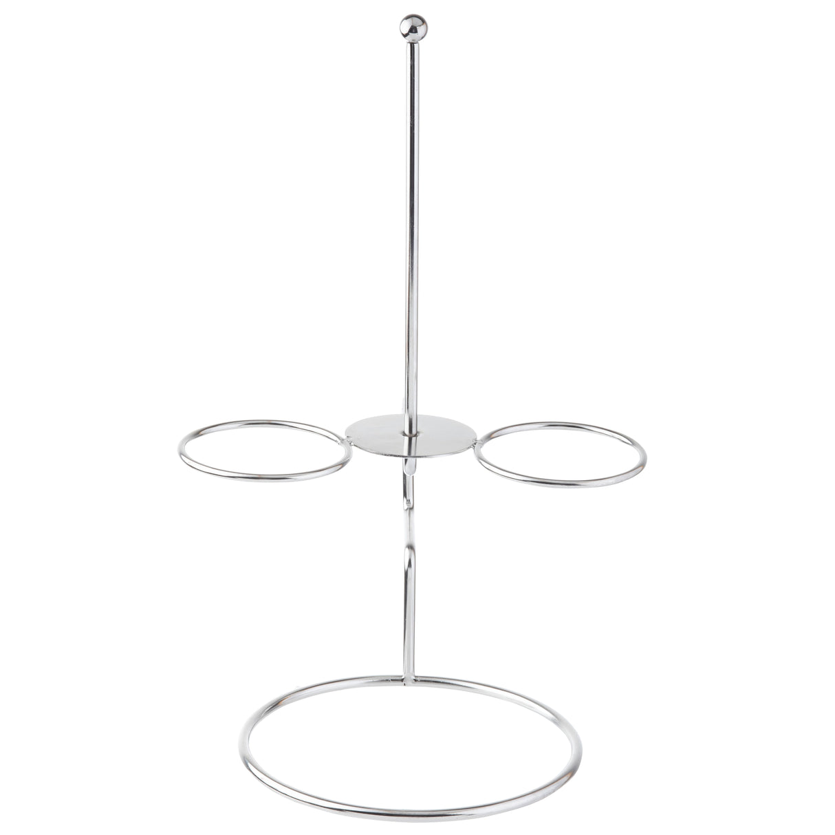 A stainless steel bagel holder stand with a round base, two circular side holders, and a central vertical rod topped with a small sphere; the minimalist, open design doubles as an onion ring tower or organizer for bagels and similar items.