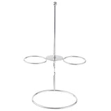 A stainless steel bagel holder stand with a round base, two circular side holders, and a central vertical rod topped with a small sphere; the minimalist, open design doubles as an onion ring tower or organizer for bagels and similar items.