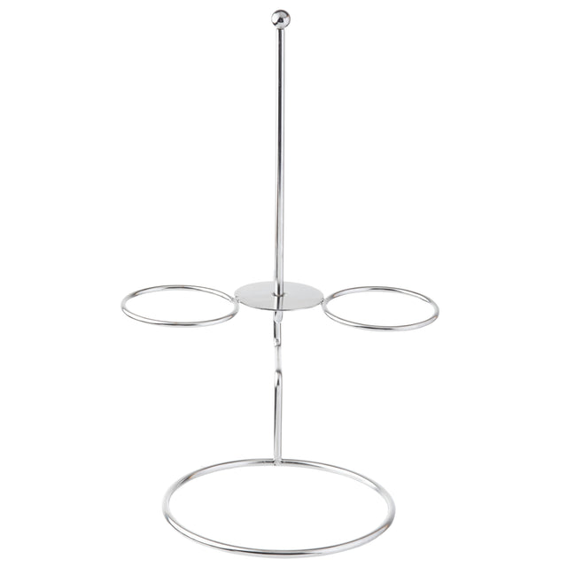 A stainless steel bagel holder stand with a round base, two circular side holders, and a central vertical rod topped with a small sphere; the minimalist, open design doubles as an onion ring tower or organizer for bagels and similar items.