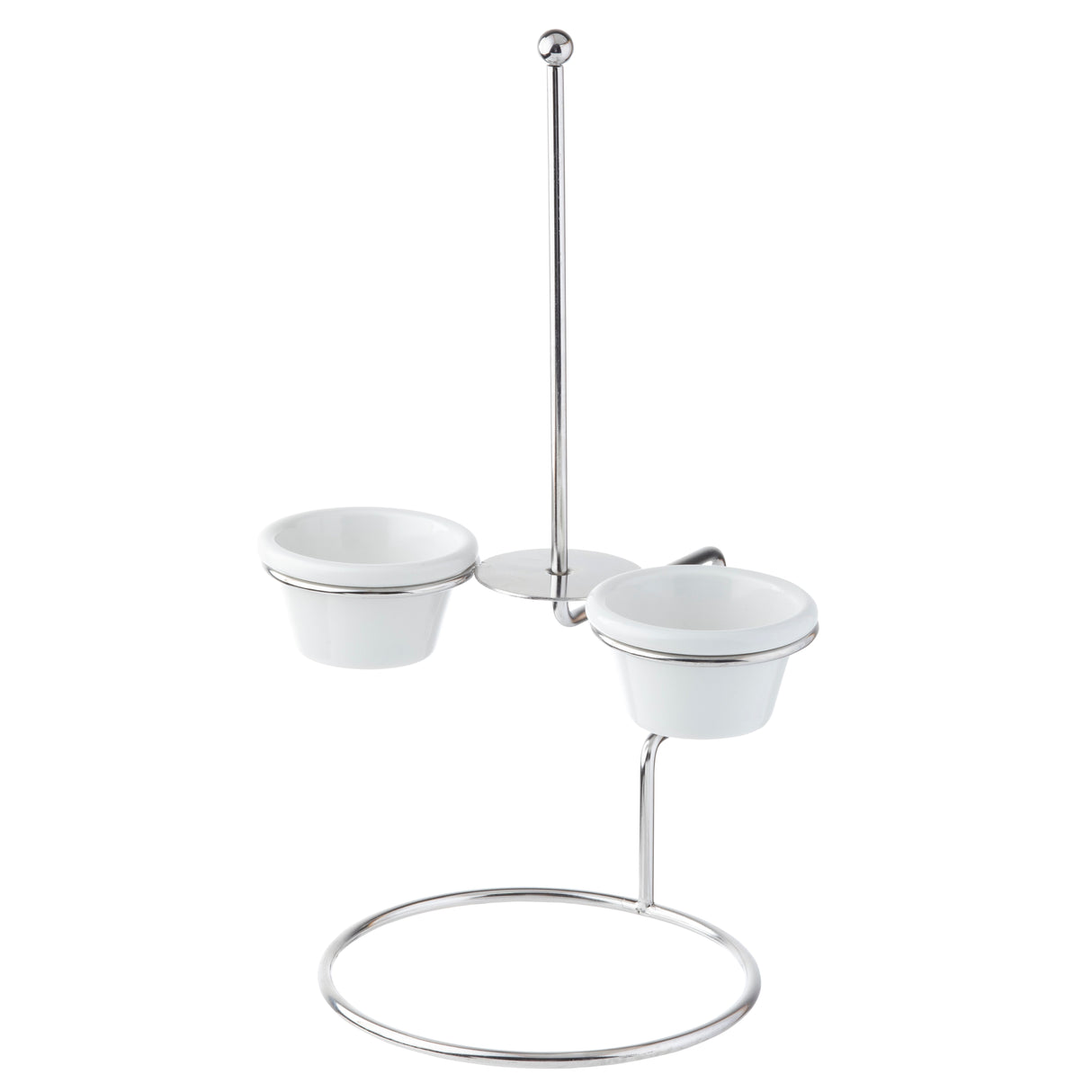 A sleek metal stand with a circular base and vertical rod holds two white ceramic bowls in ramekin holders on opposite sides. The minimalistic design features a shiny stainless steel finish, and the bowls are removable for easy serving.