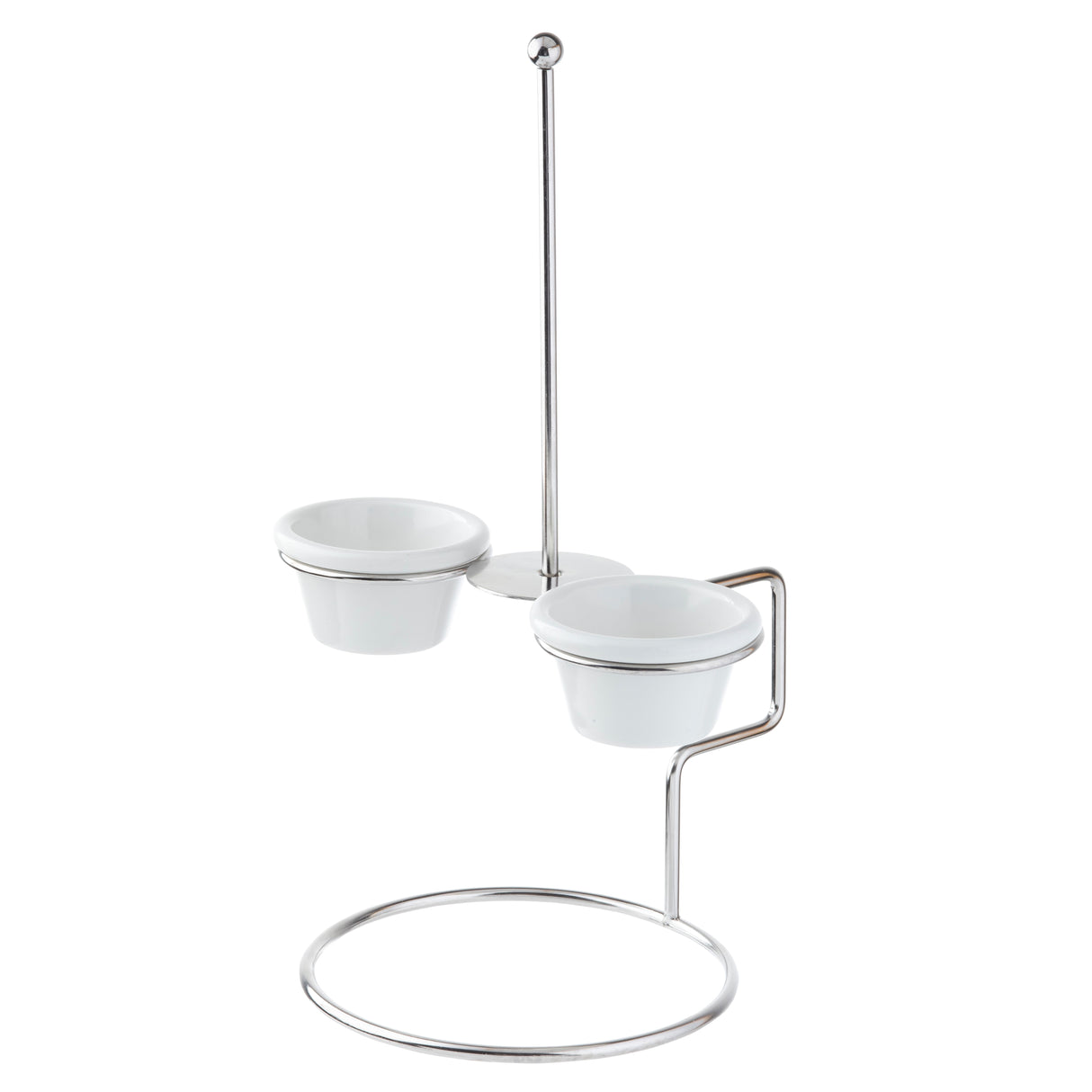A stainless steel stand with a circular base holds two small white bowls as ramekin holders. Set at different heights, the bowls rest in metal rings, while a tall rod with a ball top adds stability and modern style—perfect as an onion ring tower for serving.