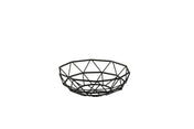 A geometric, black powder coated steel wire basket with an open, lattice-like design. The empty TableCraft bowl sits against a plain white background, highlighting its modern, angular construction and minimalist style.