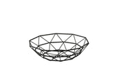 A modern, black TableCraft wire basket fruit bowl with a geometric pattern, crafted from powder coated steel. Its interconnected angular lines form a wide, shallow, circular shape and it sits empty on a white background.